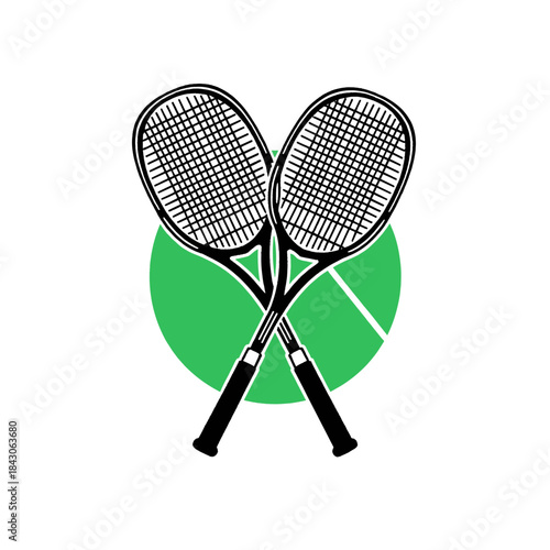 Tennis rackets crossed illustration, sport equipment logo design, racket icon, black and white vector art, green circle background, tennis court elements, retro game emblem, athletic equipment