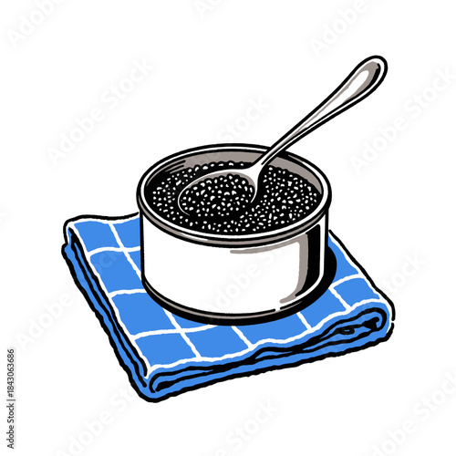 Caviar tin, black fish roe, luxury food illustration, spoon, sturgeon, delicacy appetizer, gourmet, fine dining, blue napkin graphic, isolated object