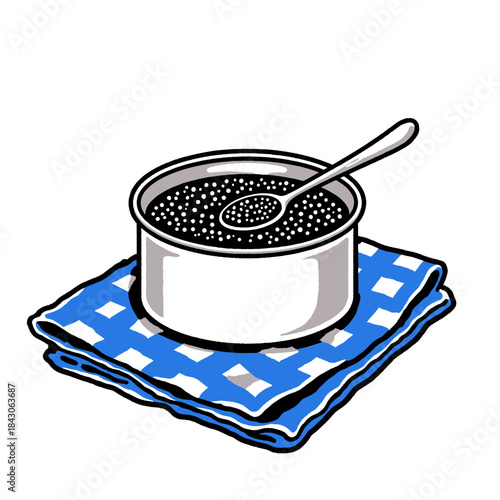 Black caviar tin illustration, gourmet delicacy, roe, spoon, luxury appetizer, fine dining food icon, blue checkered napkin, hand drawn style