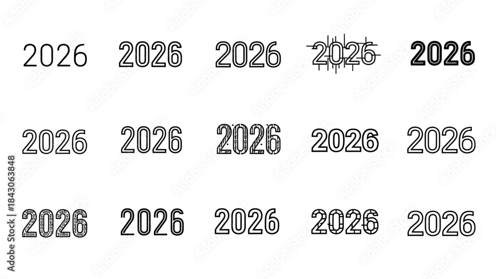 Obraz premium Assorted styles and fonts of the year 2026 in various outlines and fills for creative design
