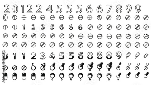 A comprehensive set of medical and statistical icons including numbers, symbols, and medical
