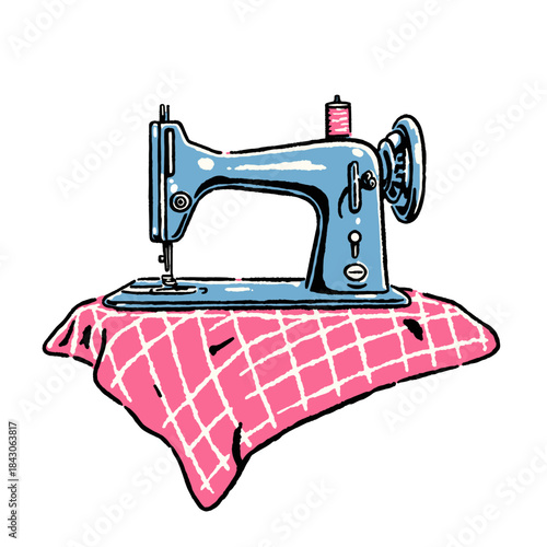 Vintage sewing machine illustration, retro tailor equipment, blue pink fabric craft hobby, doodle style vector, handmade apparel design, seamstress tools