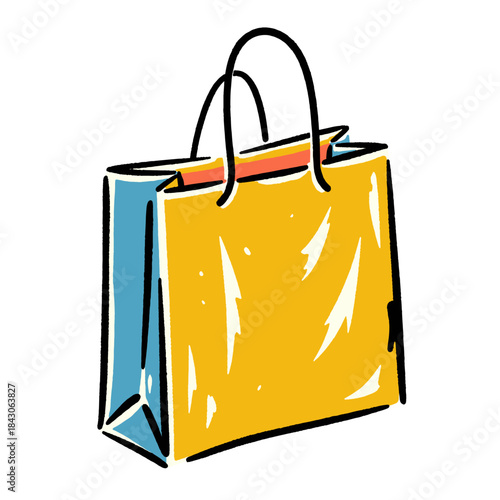 Shopping bag illustration, yellow blue color, gift package, retail, purchase, doodle style, hand drawn art, e-commerce icon, sale, commerce, consumerism, cartoon vector