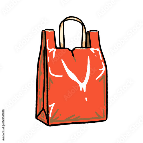 Red shopping bag illustration, reusable tote, hand-drawn doodle style, orange paper bag, cartoon grocery sack, isolated vector graphic icon
