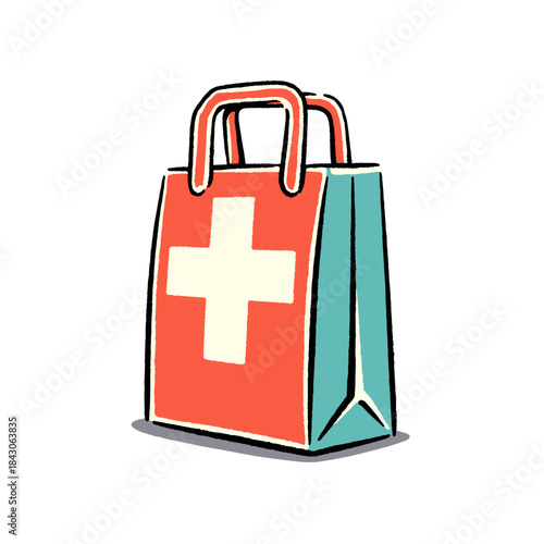 Pharmacy bag illustration, doodle style, medical shopping, healthcare supplies, first aid kit, red cross, turquoise paper bag, hand drawn vector, drug store concept, cartoon graphic
