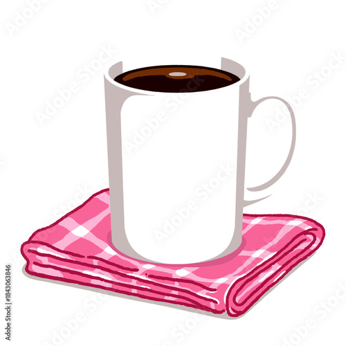 Coffee mug illustration, white ceramic cup, hot drink, morning beverage, cozy breakfast, pink checkered napkin, doodle style, isolated graphic.