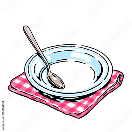 Empty plate, spoon, napkin, tableware doodle, cartoon style, food preparation, kitchen utensils, eating, drawing, vector illustration, restaurant art, checked cloth, blue bowl, cute dinnerware
