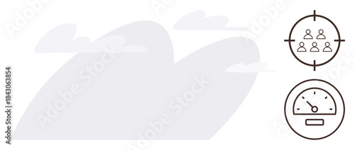 Clouds and simple line art targets human team focus, productivity tracking, speed monitoring. Ideal for business, analytics, teamwork, goals, strategy, leadership success simplified in a flat