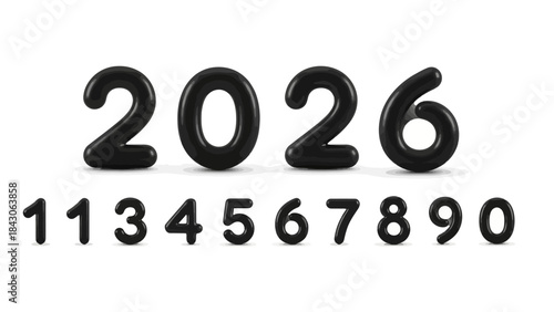 Black 3D numbers and digits representing the year 2026 with a modern design against a white