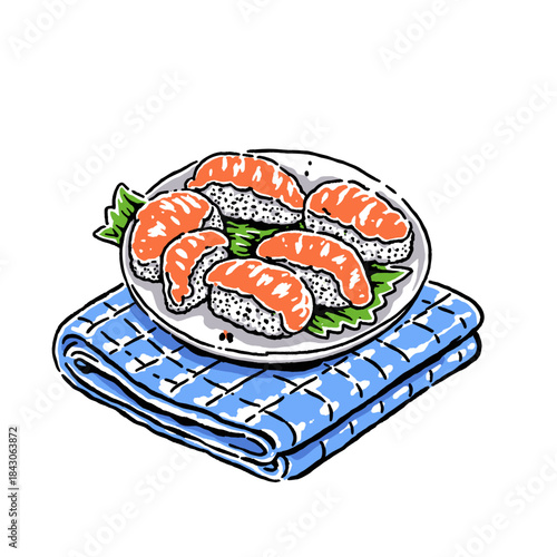 Sushi nigiri illustration, salmon nigiri, Japanese food art, doodle drawing, marker style, seafood dish, blue plaid napkin, maki roll alternative, six pieces, Asian restaurant graphic