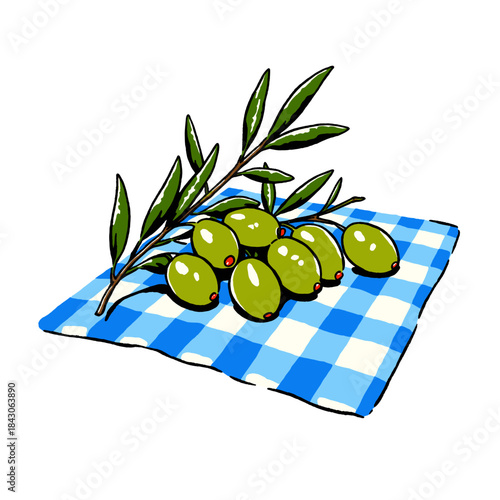 Green olives, olive branch illustration, Mediterranean food art, appetizer snack, Italian cooking, fresh ingredient, healthy eating design, blue gingham kitchen cloth
