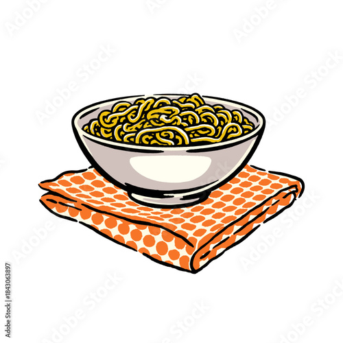Noodles bowl, instant ramen illustration, pop art food, quick lunch, asian cuisine drawing, spaghetti pasta dish, comfort meal, retro doodle style, orange dot napkin