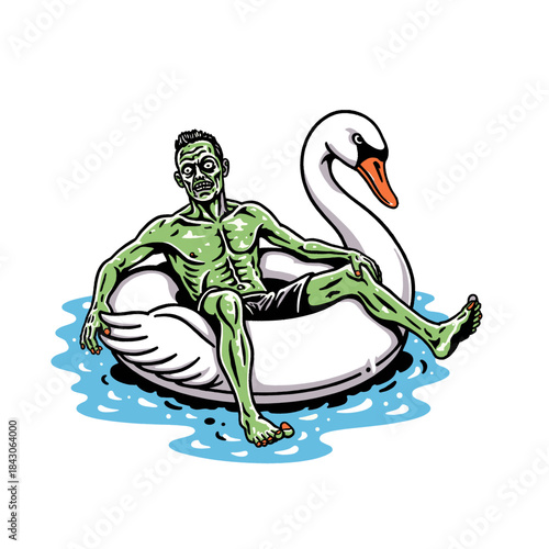 Zombie on swan float, summer vacation undead character, horror pool party fun, relaxing monster cartoon illustration, swimming pool inflatable toy, spooky humor design