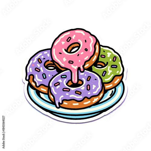 Sweet donuts sticker illustration, stacked glazed dessert pile, cartoon colorful purple pink green food, sugary treat, confectionery, bakery design, plate of snacks