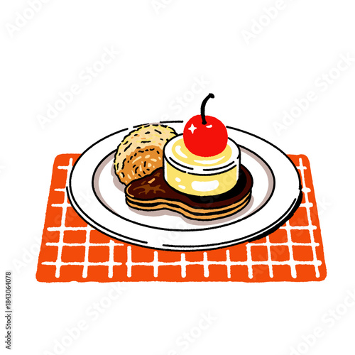 Dessert illustration, vintage pudding, cherry on top, food cartoon, retro diner style, sweet dish, pancake stack, custard, biscuit, checkered placemat, hand drawn