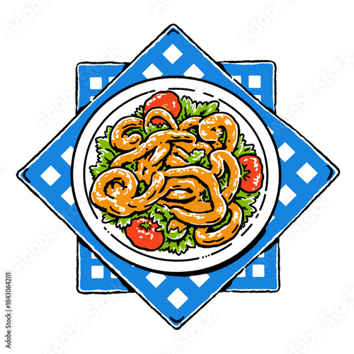 Fried calamari rings, vintage food illustration, squid seafood meal, retro drawing, appetizer plate, restaurant menu art, comic style hand drawn sketch