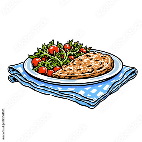 Breaded cutlet chicken schnitzel parmigiana with tomato salad, lunch dinner meal illustration, vintage pop art food design, retro dining icon