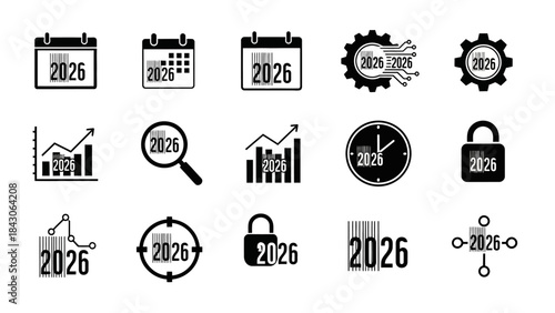 Collection of modern digital icons representing calendar dates and data analytics for 2026 in