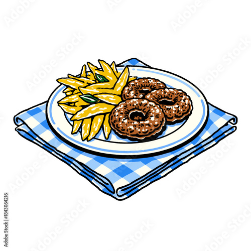 Fried food plate illustration, onion rings and french fries, vintage diner style drawing, hand drawn comfort food, retro blue gingham cloth, meal, lunch, dinner, takeaway icon, fast food graphic