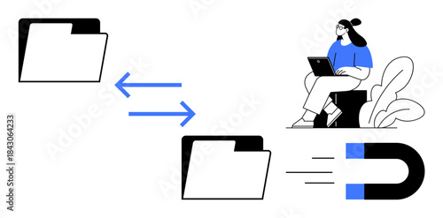Data transfer concept. Arrows display file sharing between folders and user in a digital workflow. Data exchange s communication and collaboration. For IT, cloud storage, workflow management