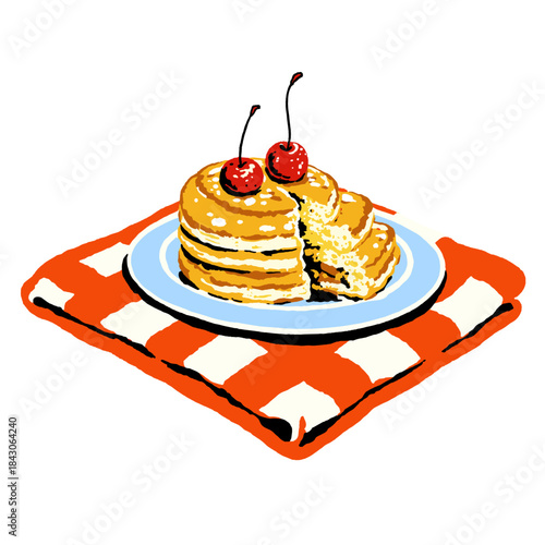 Pancakes stack illustration, cherries on top, breakfast food, sweet dessert, brunch menu graphic, retro pop art doodle, vintage diner style, checkered napkin