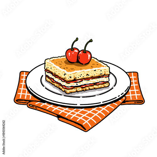 Dessert slice, cartoon cake, cherries on top, sweet pastry, doodle illustration, bakery item, retro food art, layered treat, breakfast, snack, cafe menu, hand drawn icon