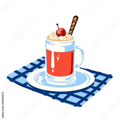 Hot drink illustration, whipped cream, cherry topping, cocoa, coffee, mug, glass, checkered napkin, retro art, vintage cafe, dessert beverage, winter treat, sweet drink, colorful graphic, doodle style