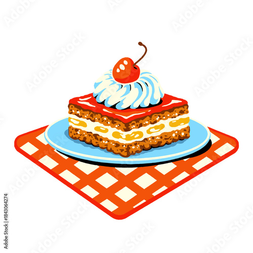 Dessert slice illustration, whipped cream and cherry cake, sweet food, pastry drawing, layered baked goods, confectionery art, square piece, retro cafe menu design