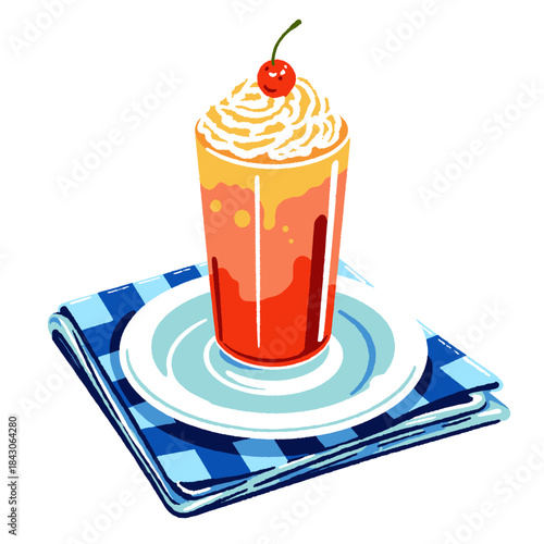 Ice cream float illustration, retro diner dessert, cold summer drink, milkshake, whipped cream, cherry topping, graphic, vintage soda, sweet beverage art, fun