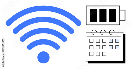 wireless signal icon, battery icon with levels, and a calendar grid. Ideal for productivity, timing, planning, connectivity, energy management communication and network stability. Simple flat