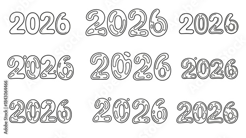Creative Illustration of the Year 2026 with Unique Hand-Drawn Digit Styles in Multiple Designs