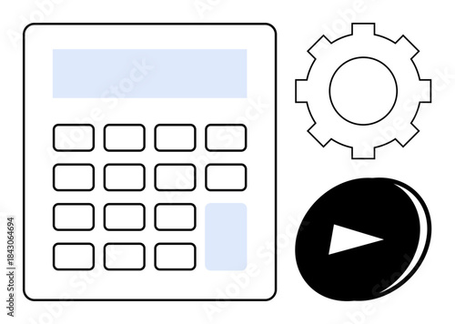 Business tools, automation, calculations, technology, digital solutions, efficiency. A calculator, gear and play button icon. Automation and calculations concept for efficiency and digital solutions