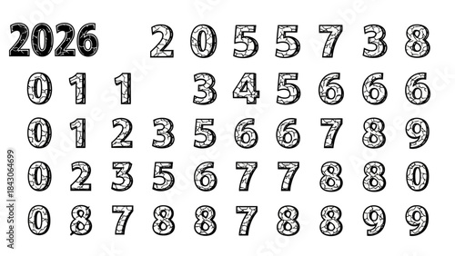 Display of various numerals and the year 2026 in bold unique styles