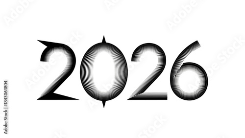 Futuristic 3D Black and White Year 2026 with geometric lines and radial shading