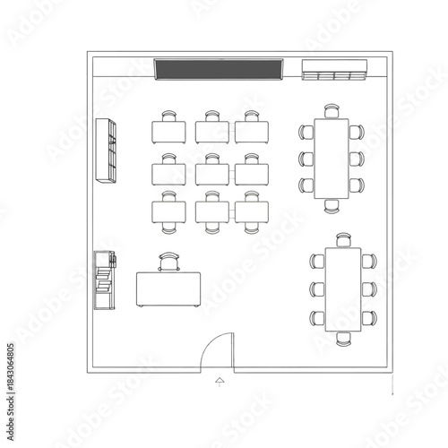 classroom floor plan with teacher desk student tables and meeting areas in open learning space layout ideal for education design