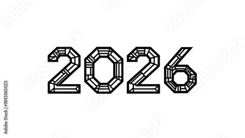 Futuristic Geometric Number 2026 Illustration in Black and White Minimalist Style