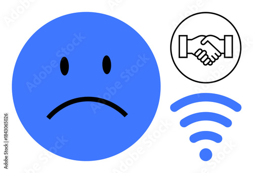 Connectivity issues. A sad face emoticon, handshake, and wireless symbols highlight connectivity challenges in relationships, digital agreements, and networks. Use for technology, social media
