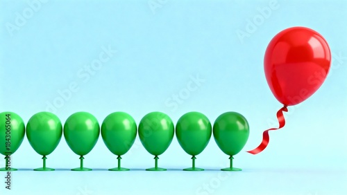 A minimalist concept of individuality and contrast. One dynamic red balloon with a curved ribbon rises above a uniform line of seven green balloons on a light blue background.