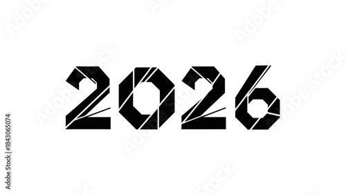 Futuristic Geometric Style Digital Year 2026 Design with Bold Black on White Background