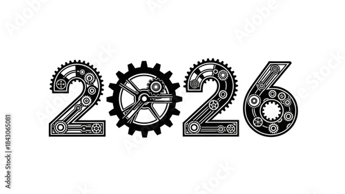 Futuristic Mechanical Clockwork Numbers 2026 in Steampunk Style for Technology and Innovation