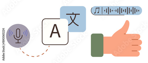 Microphone for voice input, language characters, audio wave, and thumbs-up gesture. Ideal for communication, translation, technology, AI, global interaction accessibility simple flat metaphor