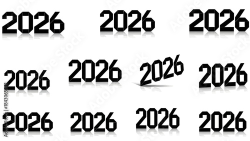 Multiple Instances of the Year 2026 in Different Stylized Fonts and Perspectives