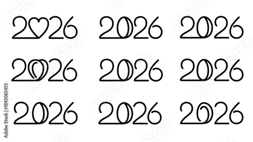 Multiple repetitions of the year 2026 in stylized black font on a white background