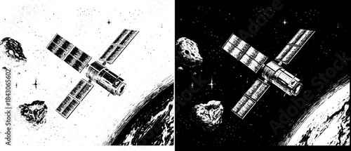 Vintage Space Station Orbit Engraving, Inverted Black White Xerography Vector on Transparent Background for Laser Engraving on Dark Surface