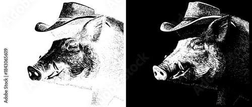 Vintage Wild Boar Cowboy Engraving with Hat, Inverted Black White Xerography Vector on Transparent Background for Laser Engraving on Dark Surface
