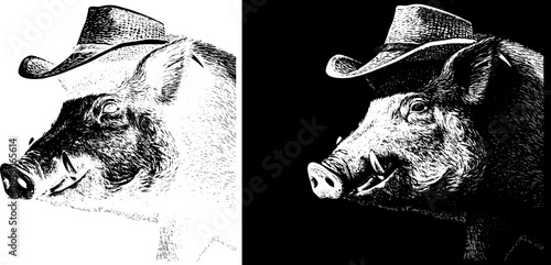 Vintage Wild Boar Cowboy Engraving with Hat, Inverted Black White Xerography Vector on Transparent Background for Laser Engraving on Dark Surface