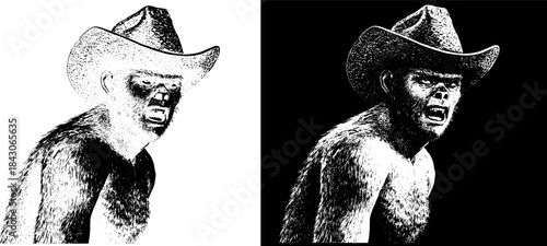 Vintage Yeti Bigfoot Cowboy Engraving with Hat, Inverted Black White Xerography Vector on Transparent Background for Laser Engraving on Dark Surface