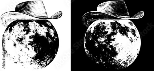 Vintage Moon Cowboy Engraving with Hat, Inverted Black White Xerography Vector on Transparent Background for Laser Engraving on Dark Surface