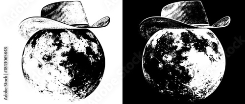 Vintage Moon Cowboy Engraving with Hat, Inverted Black White Xerography Vector on Transparent Background for Laser Engraving on Dark Surface