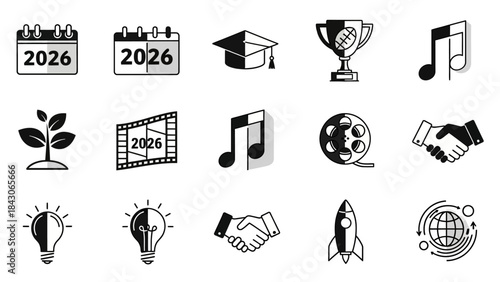 Set of educational, technological, and collaborative icons representing learning and innovation